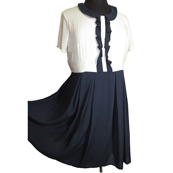 Liza Luxe Women's Navy and White Pleated Ruffled Peter Pan Collar Dress Size XXL - Picture 1 of 15